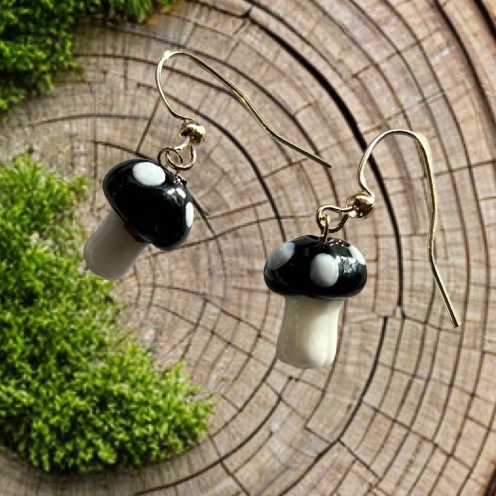 Black and White Lampwork Glass Mushroom Earrings Nickel Free Gold Toned Hooks